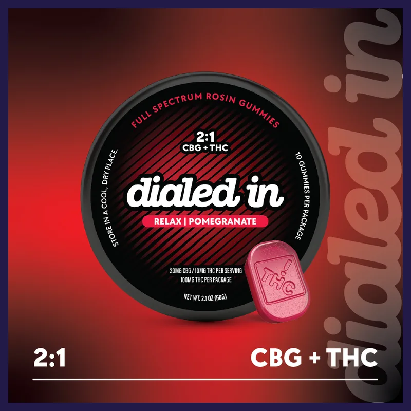 DIALED IN INNOVATION ROSIN GUMMIES RELAX 100MG POMEGRANATE 2:1